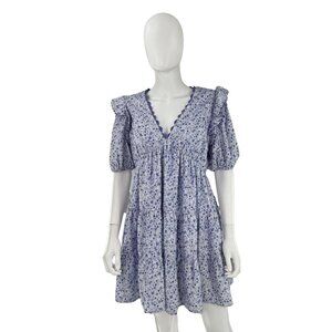 Blue Floral V-Neck Tiered Mini Dress with Puff Sleeves